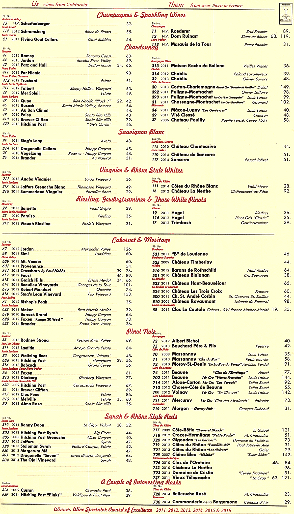 Sly's wine list